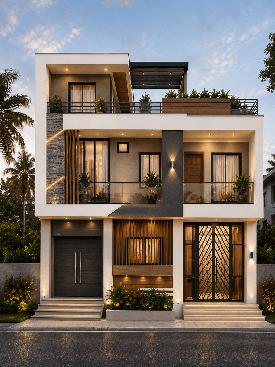 Modern Grey & White G+1 House Design with Rooftop Pergola - Alternate Facade