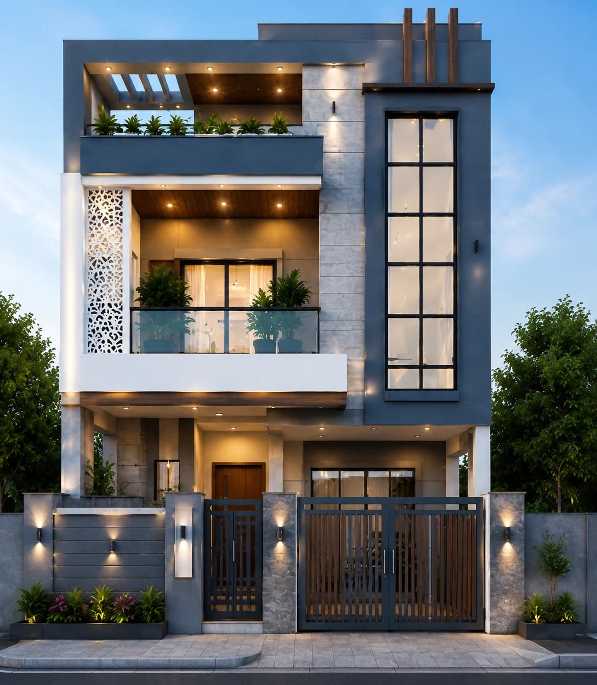 Modern Grey & White G+2 House Design