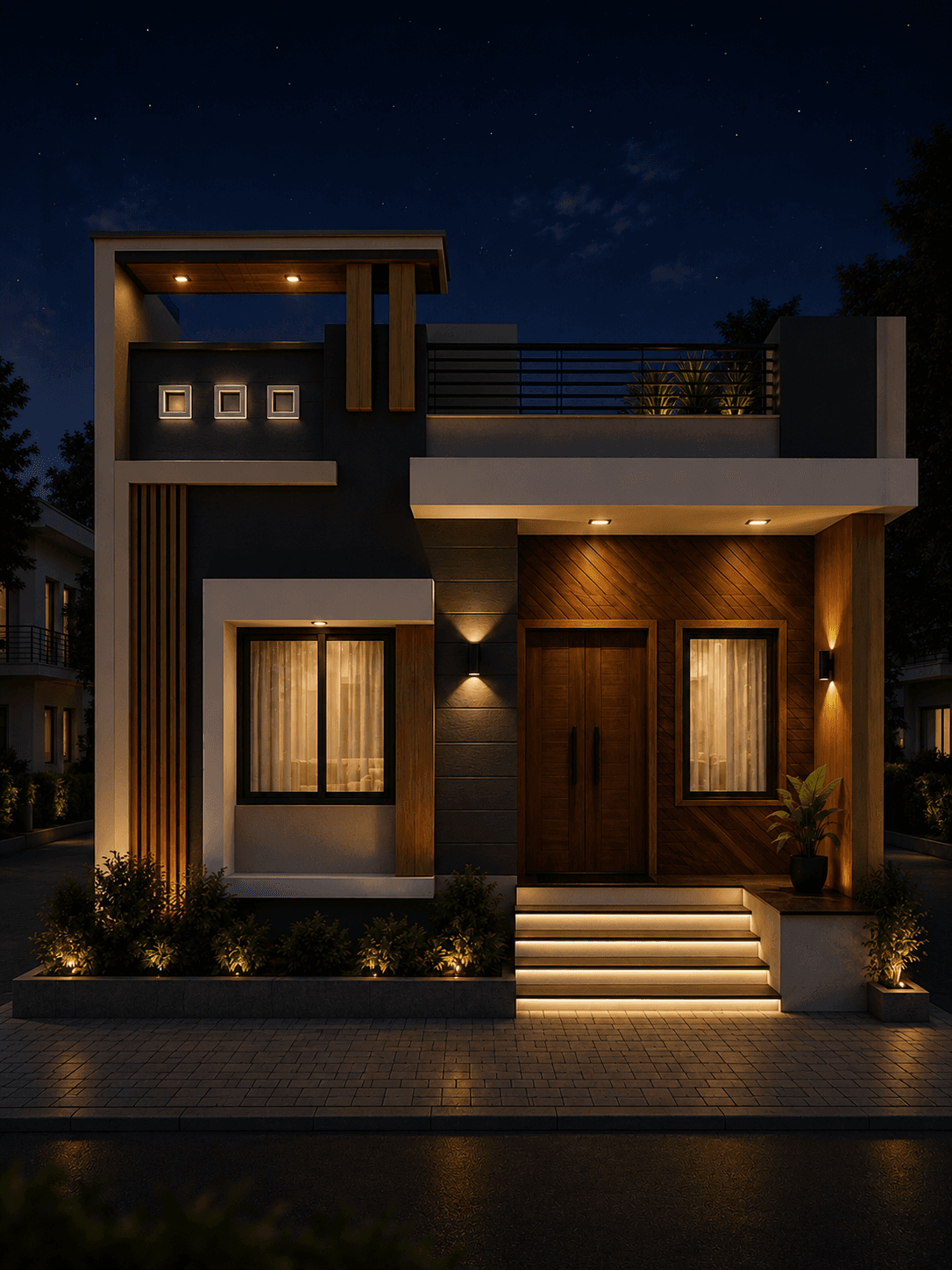 Modern Ground Floor House Design - Night View