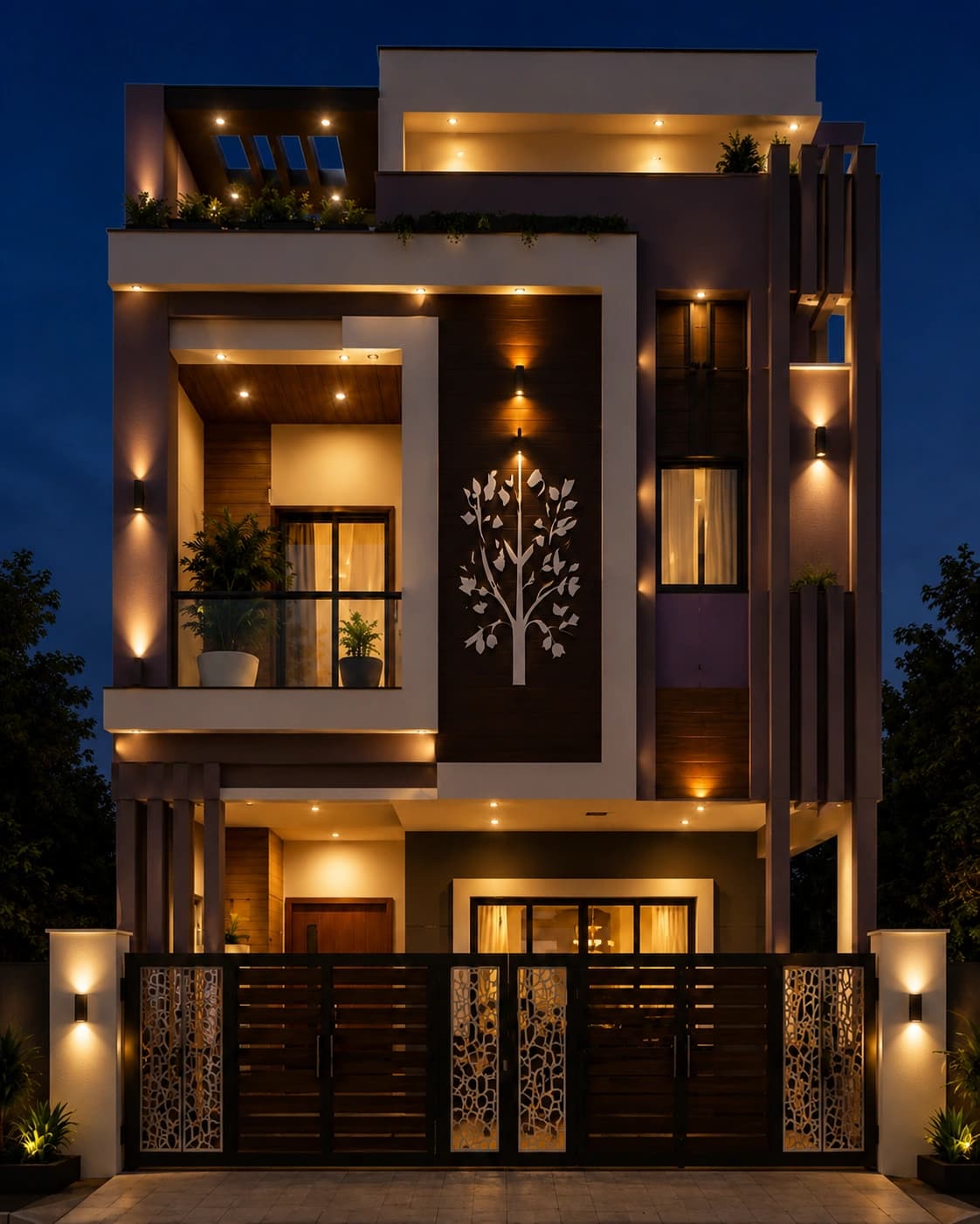 Modern Lavender & White G+2 House Design - Night View