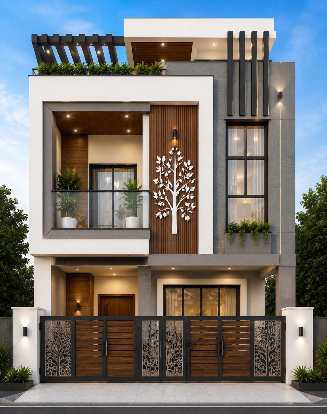 Modern Lavender & White G+2 House Design - Alternate Facade