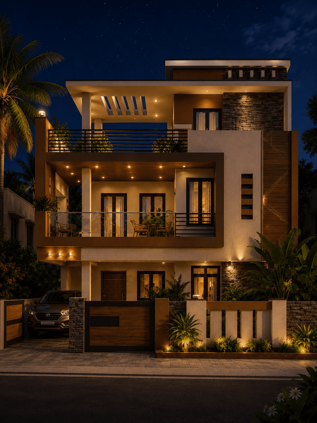 Modern Luxury G+1 House Design - Night View