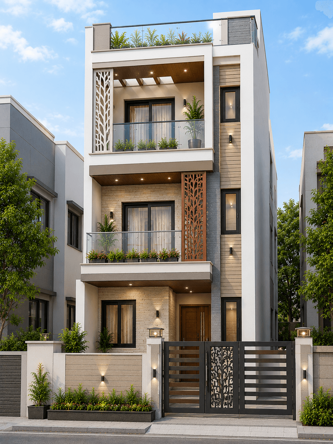 Modern Narrow Front G+2 House Design