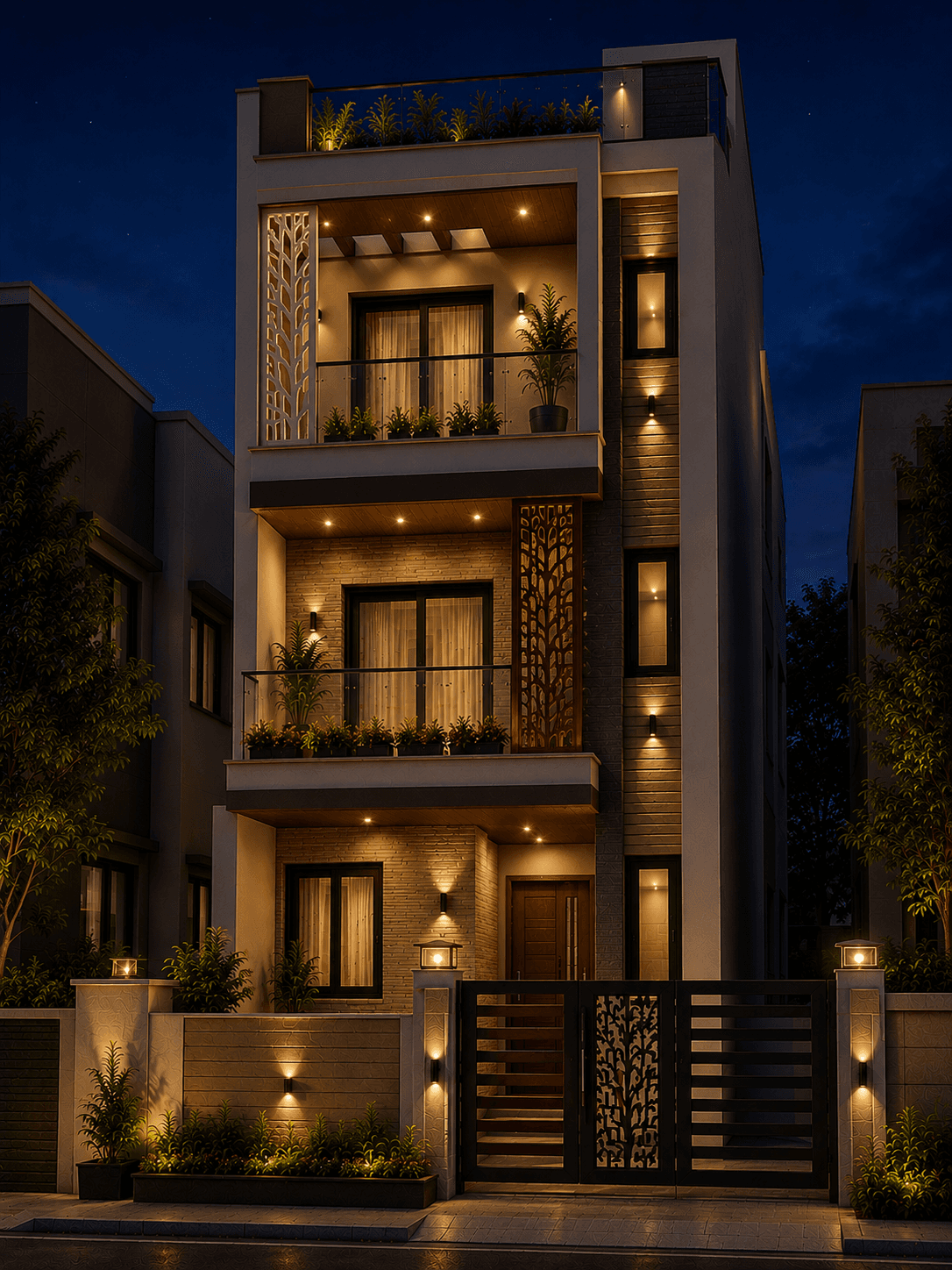 Modern Narrow Front G+2 House Design - Night View