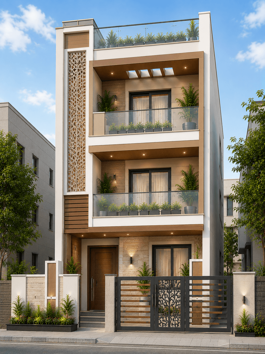 Modern Narrow Front G+2 House Design - Alternate Facade