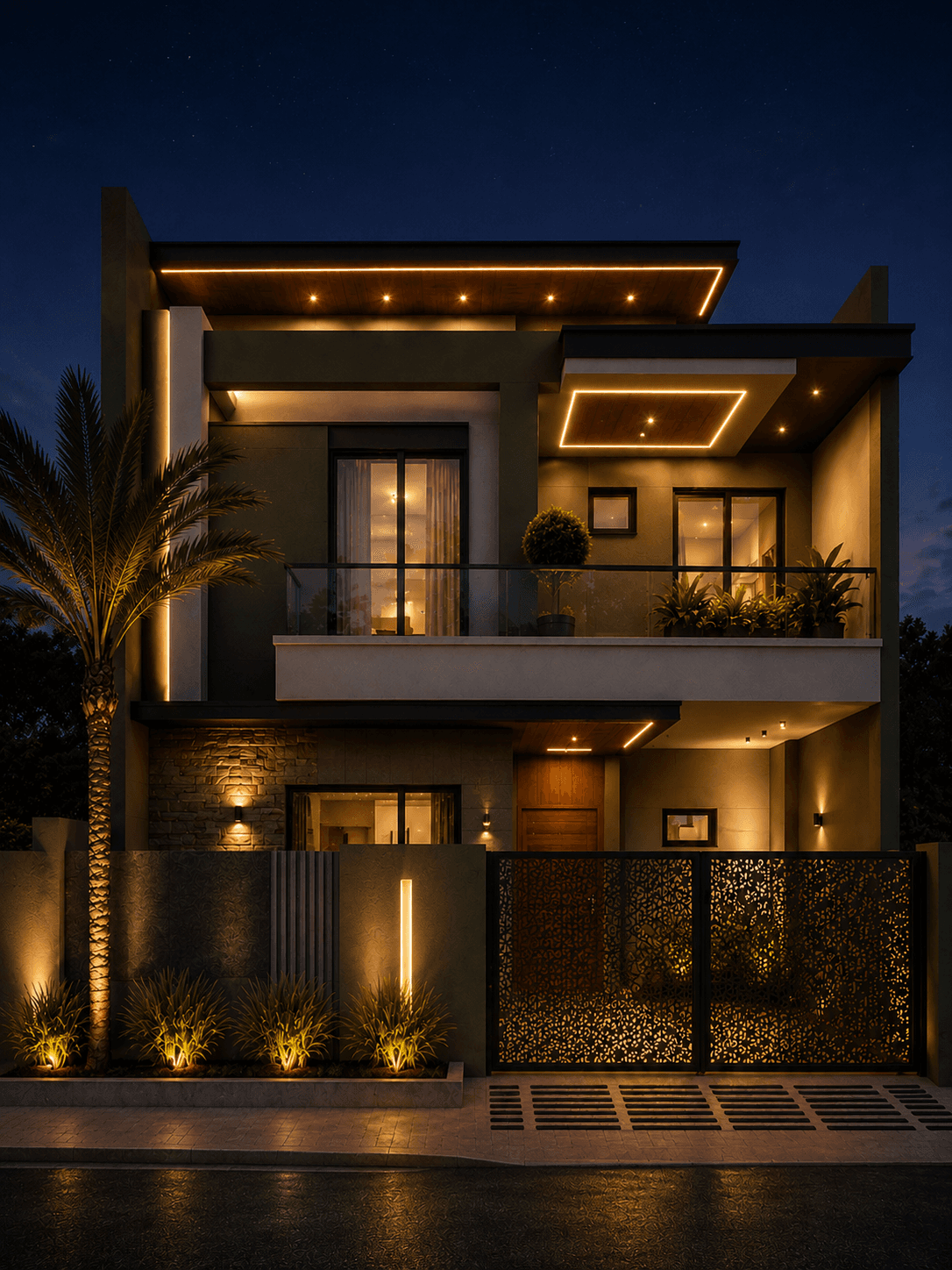 Modern Olive Green G+1 House Design - Night View
