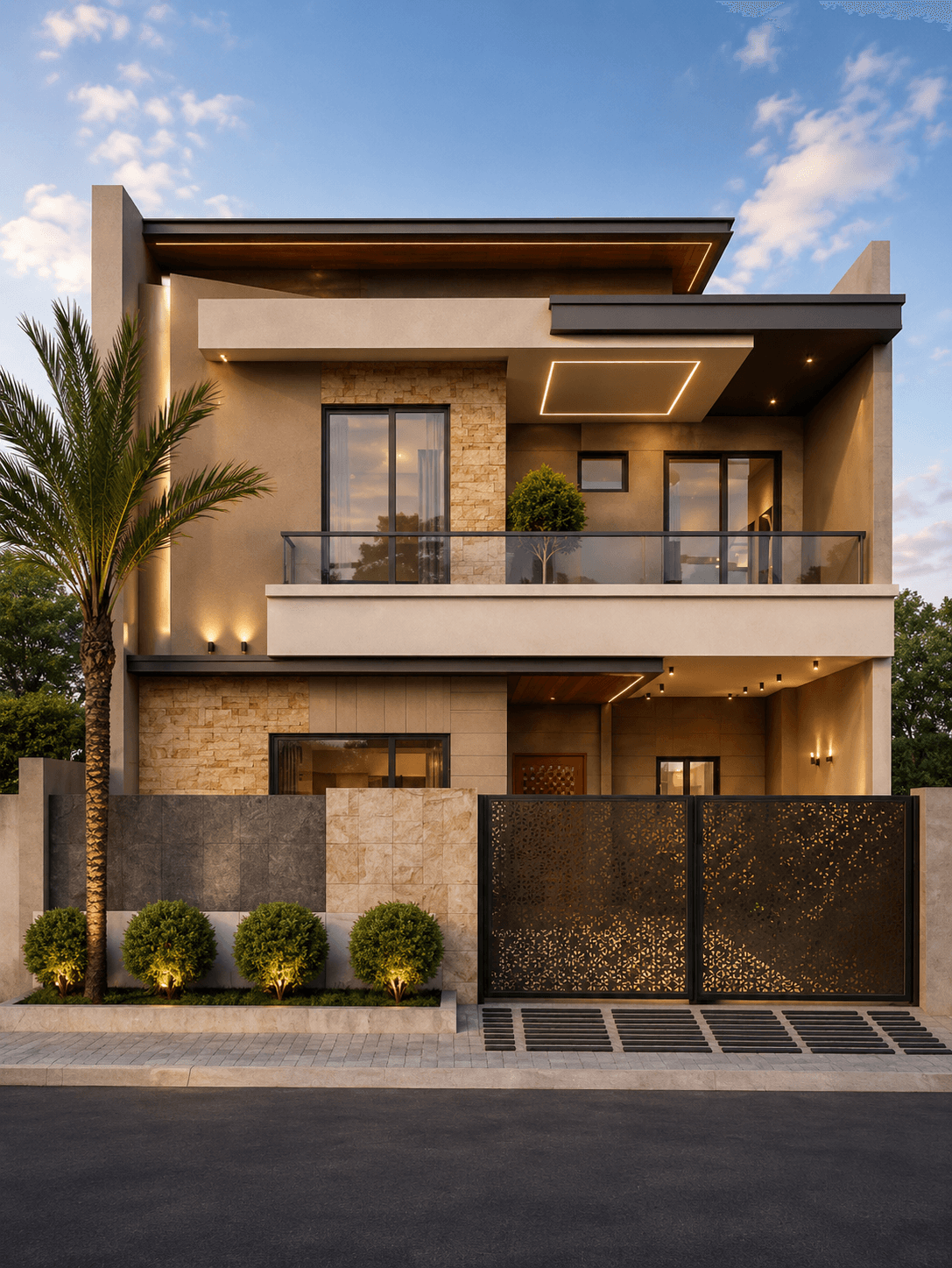 Modern Olive Green G+1 House Design - Alternate Facade