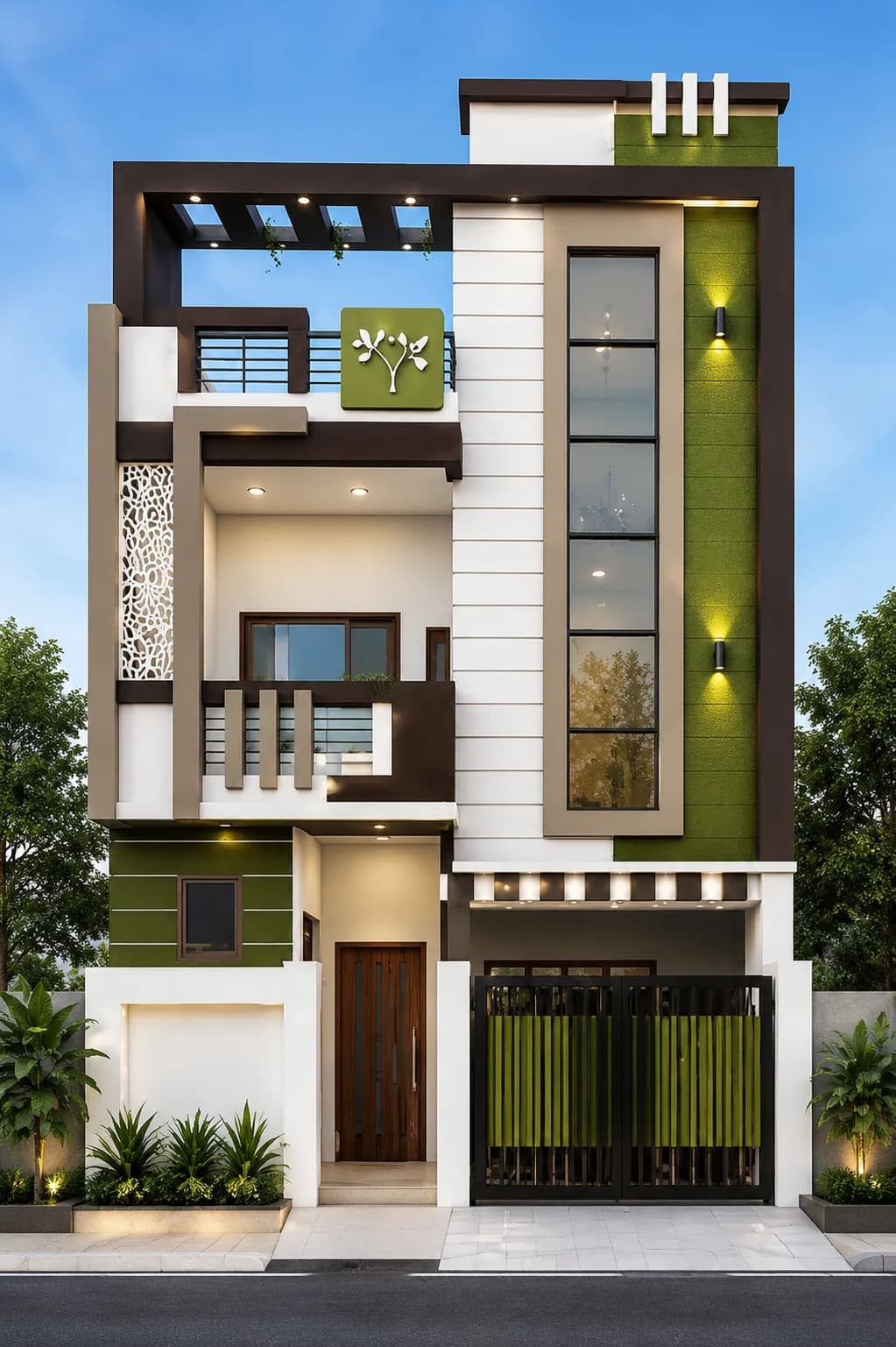 Modern Olive & White G+2 House Design