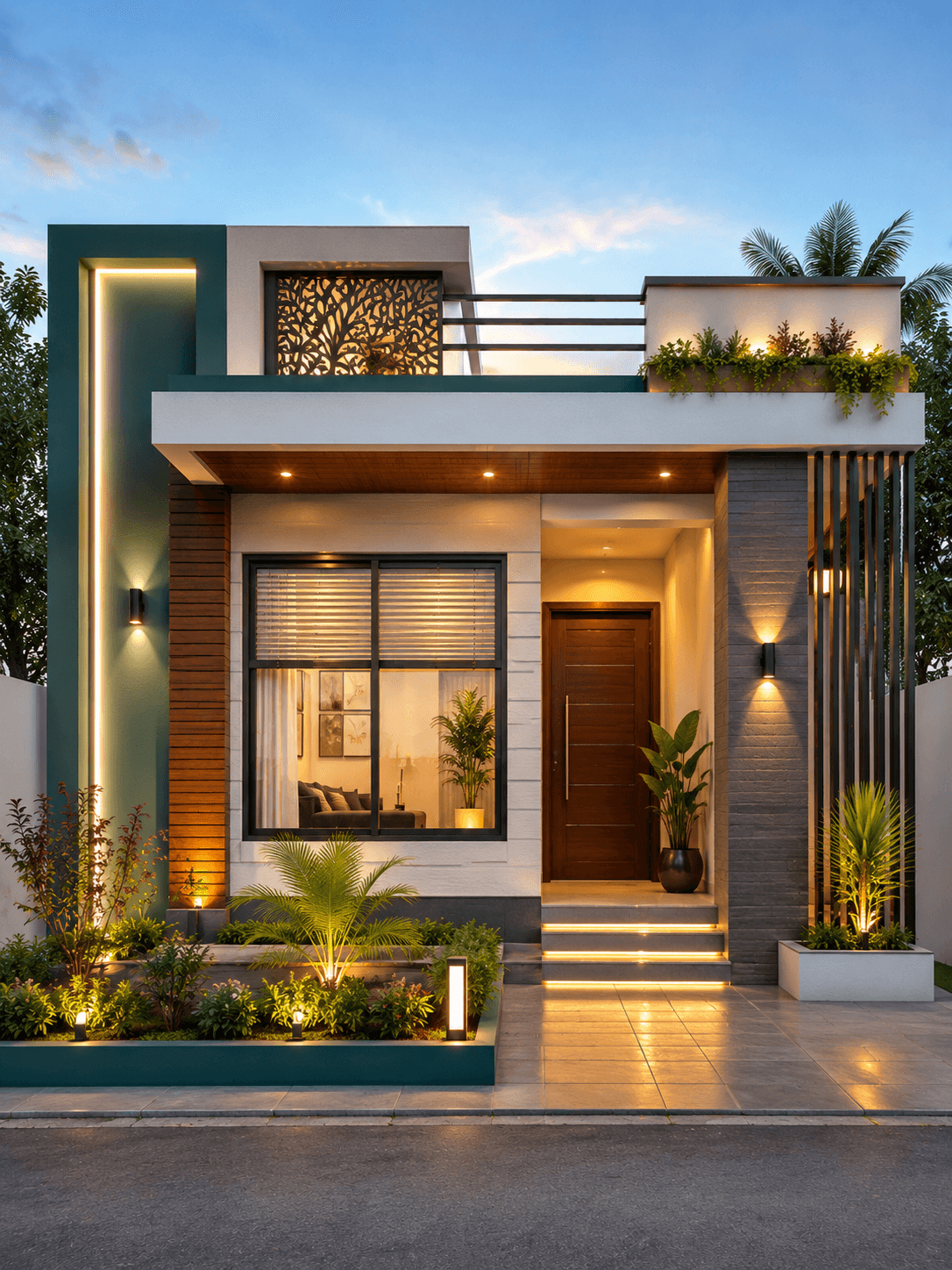 Modern Single Floor House Design - Night View
