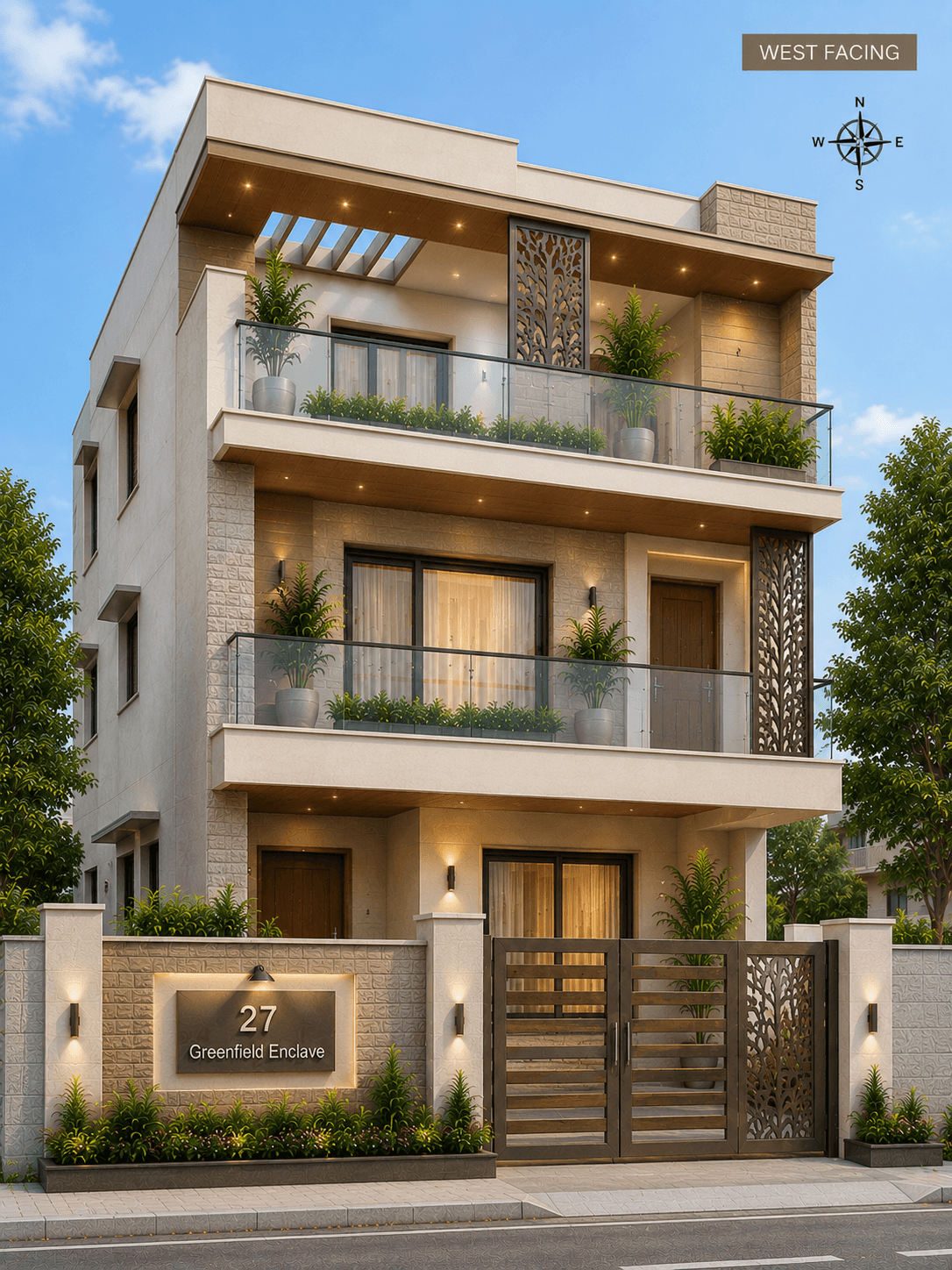 Modern West Facing Cream G+2 House Design