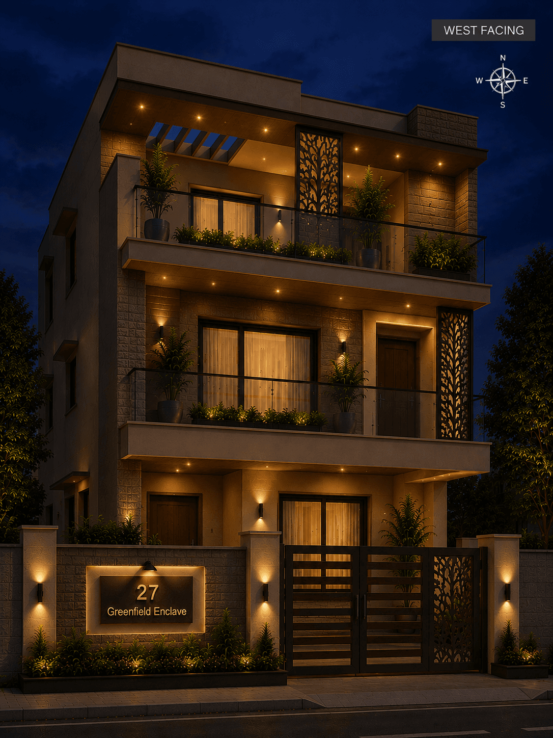 Modern West Facing Cream G+2 House Design - Night View