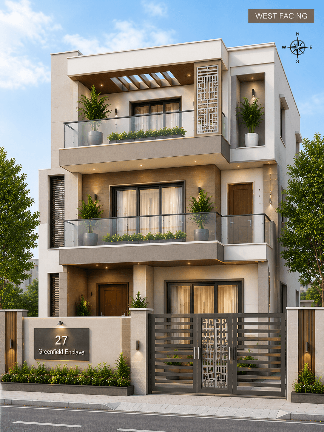 Modern West Facing Cream G+2 House Design - Alternate Facade