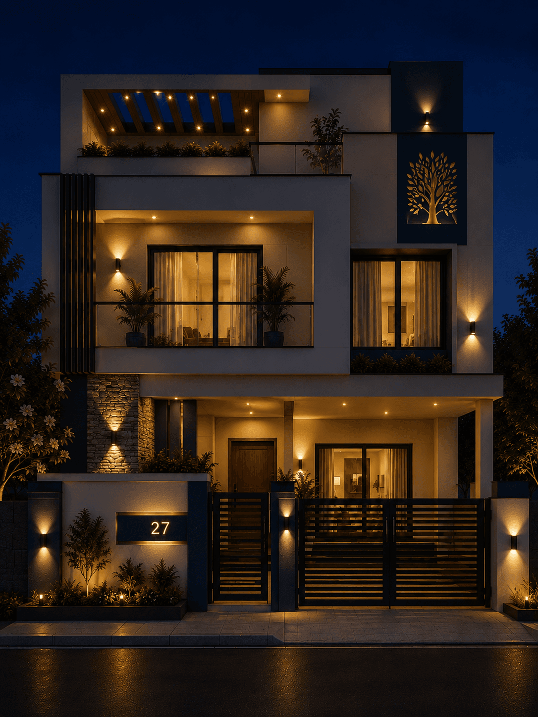 Modern White G+2 House Design with Rooftop Pergola - Night View