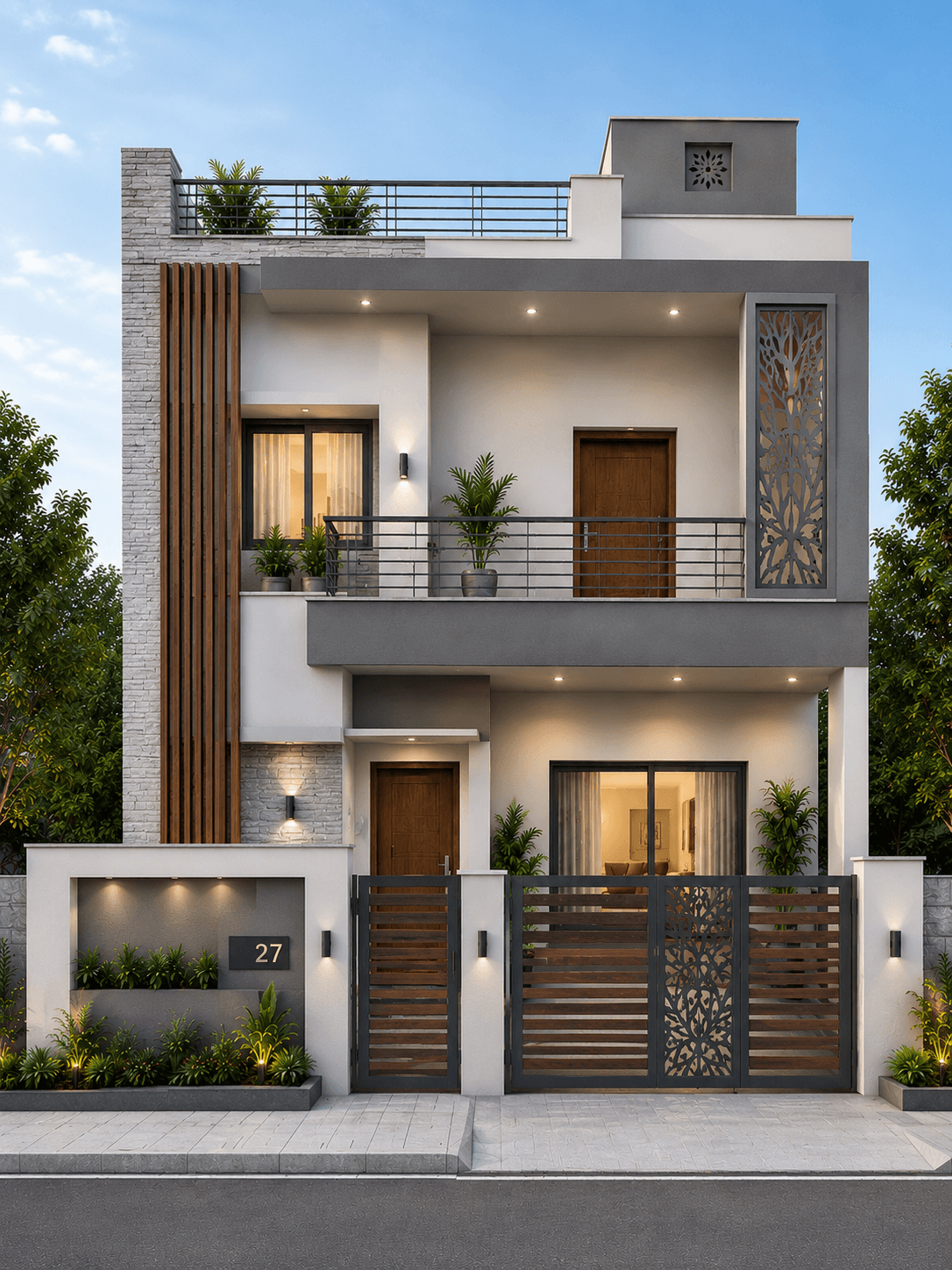 Modern White G+2 House Design with Rooftop Pergola - Alternate Facade