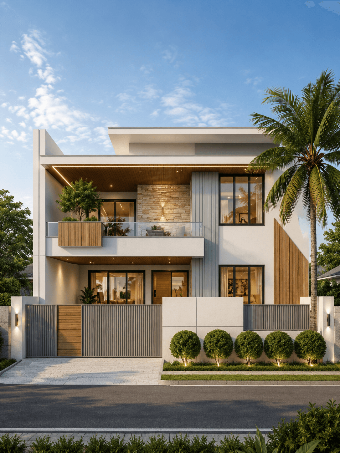 Modern White Stone G+1 House Design with Floating Balcony