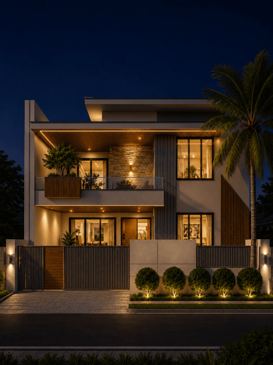 Modern White Stone G+1 House Design with Floating Balcony - Night View