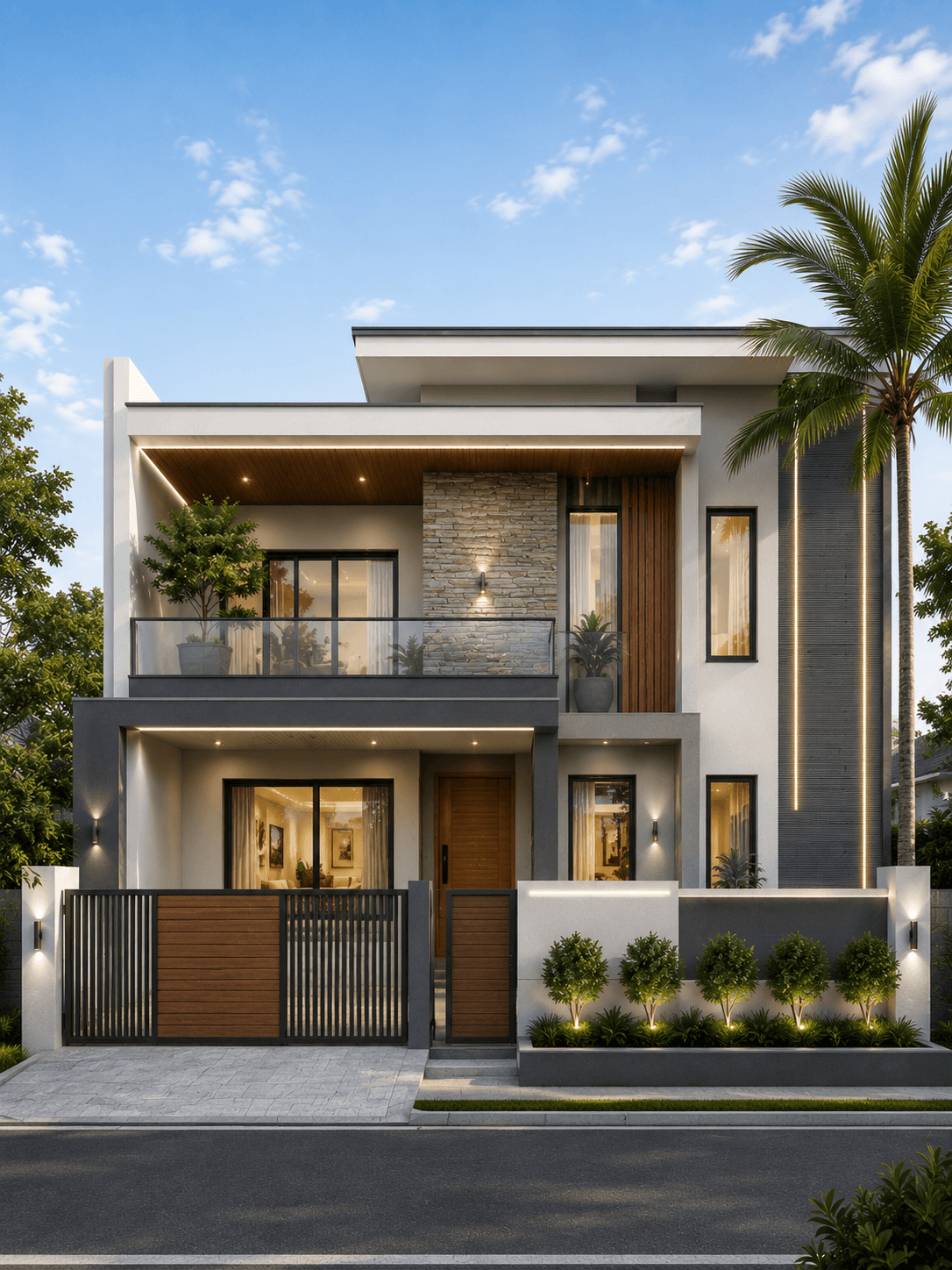 Modern White Stone G+1 House Design with Floating Balcony - Alternate Facade