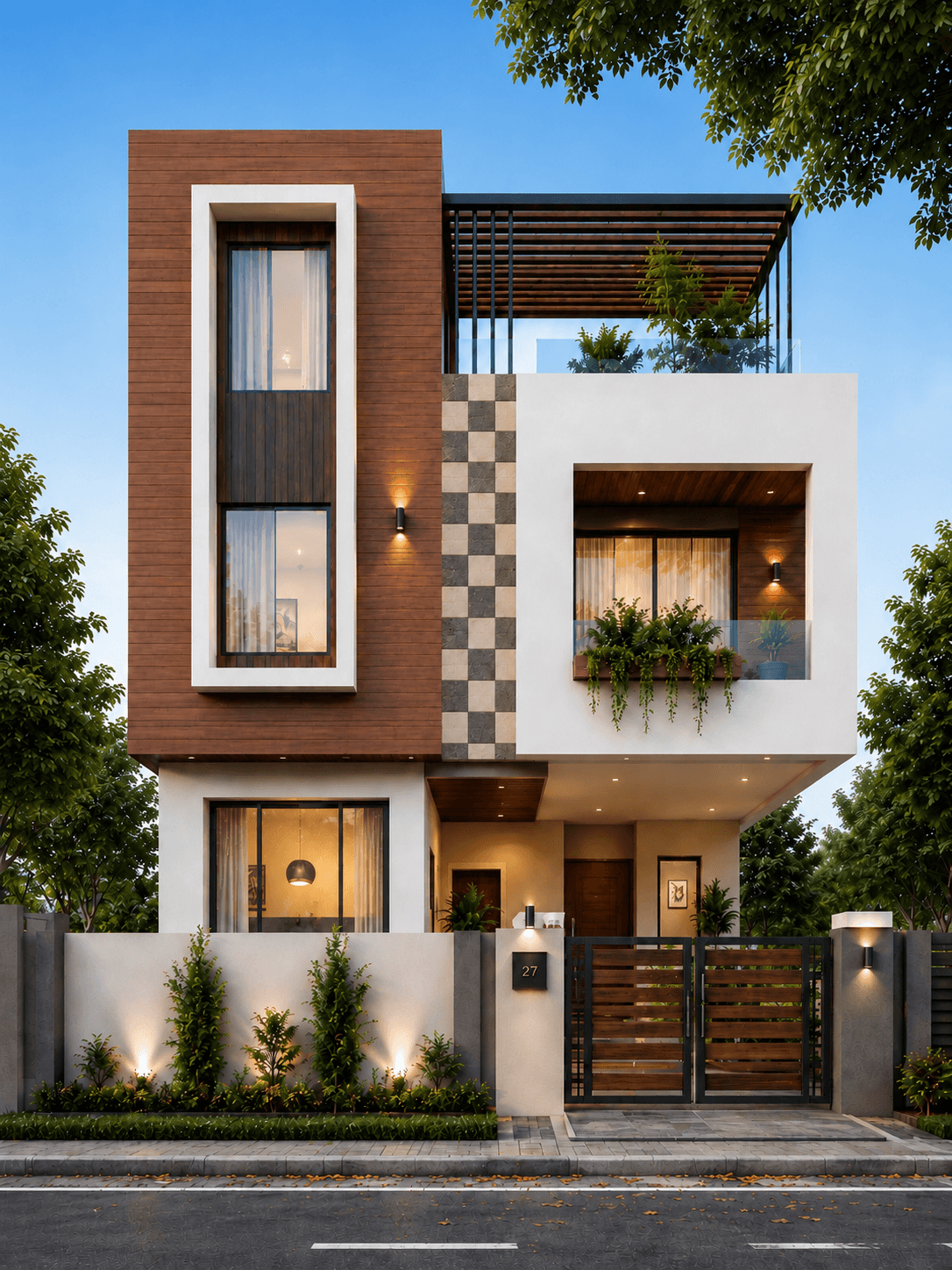 Modern Wood & White G+1 House Design