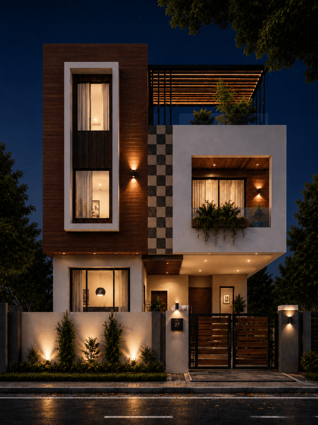 Modern Wood & White G+1 House Design - Night View