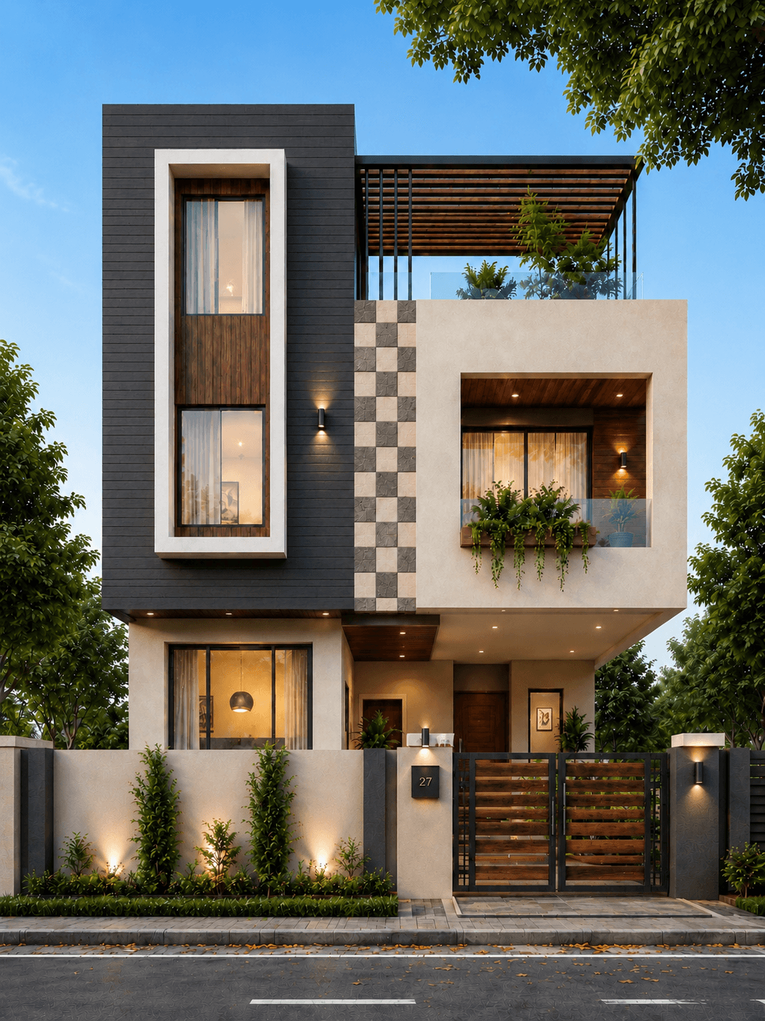 Modern Wood & White G+1 House Design - Alternate Facade