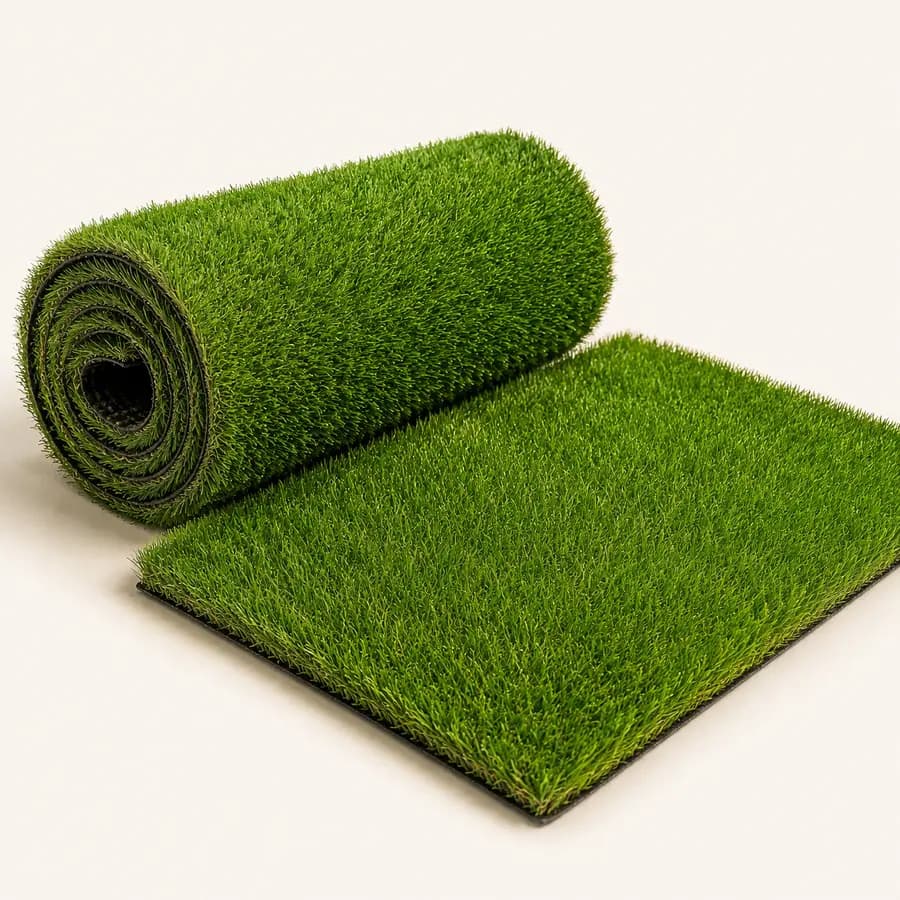 Unbranded roll and sample of dense green artificial grass for a balcony or garden