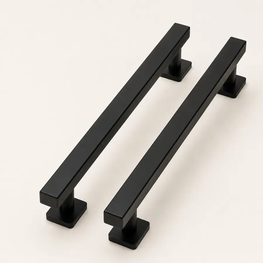 Unbranded pair of long matte black pull handles for a modern main door