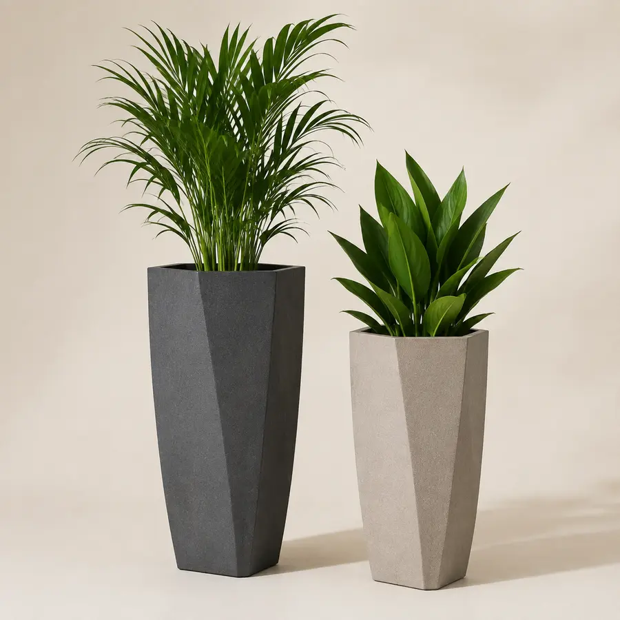 Unbranded charcoal and stone-coloured modern outdoor planters with green foliage