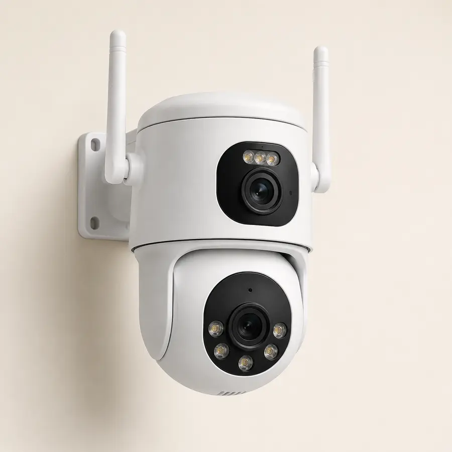 Unbranded white weatherproof outdoor security camera with dual lenses