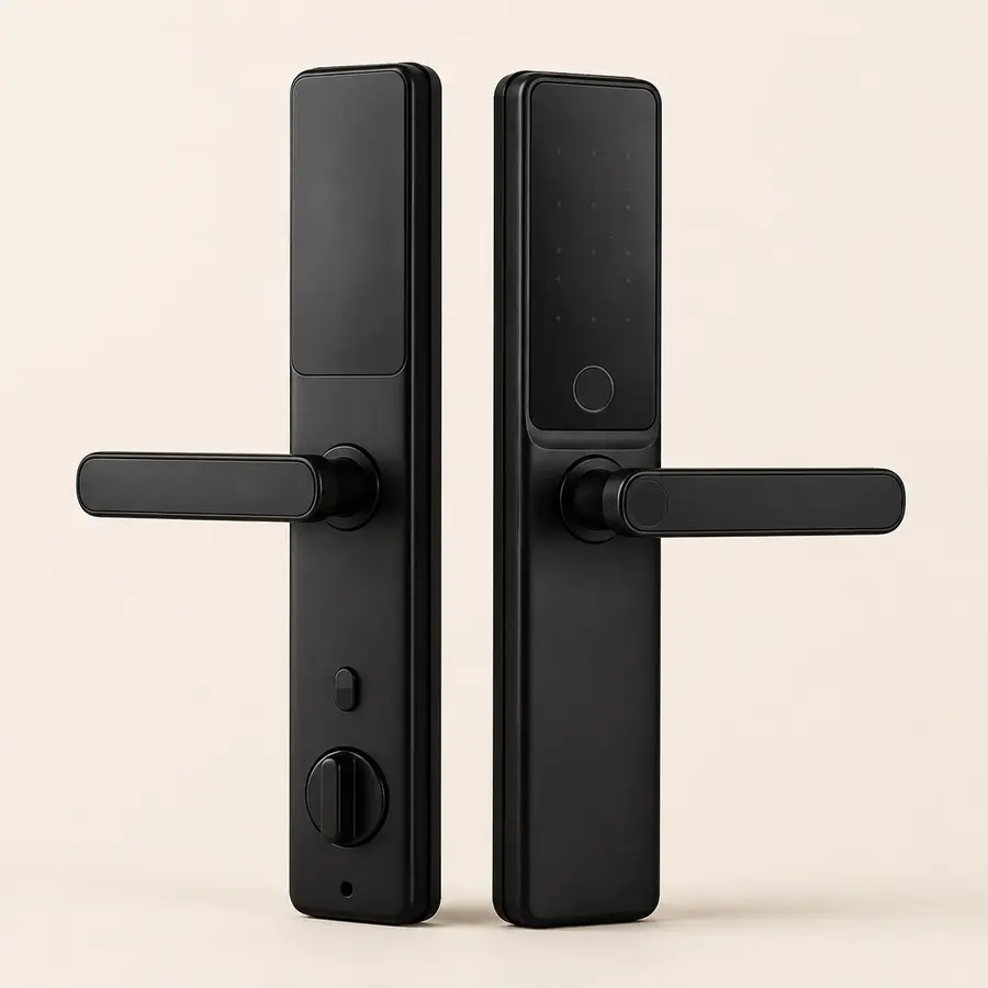 Unbranded matte black digital smart door lock with fingerprint sensor and handle
