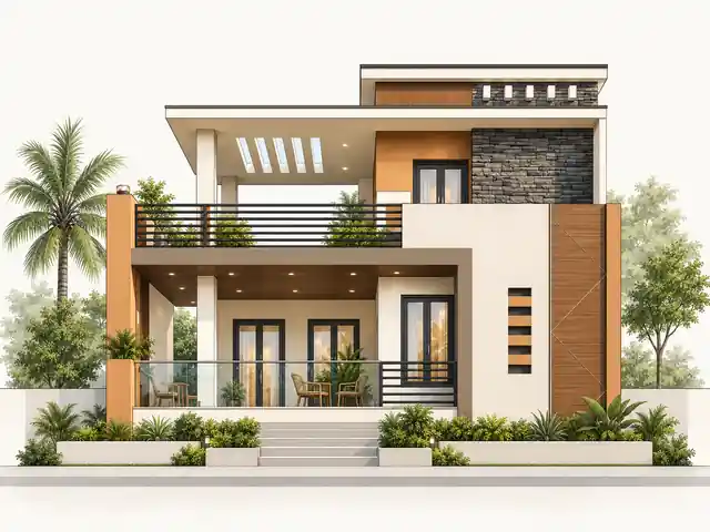 HouseFolio editorial elevation illustration of a modern two-level Indian duplex-style house with balconies, stone and wood accents