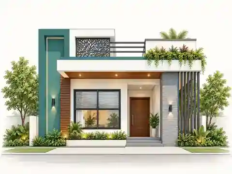 HouseFolio editorial elevation illustration of a modern single-floor Indian house with teal accent frame, wood-look panels and landscaped frontage
