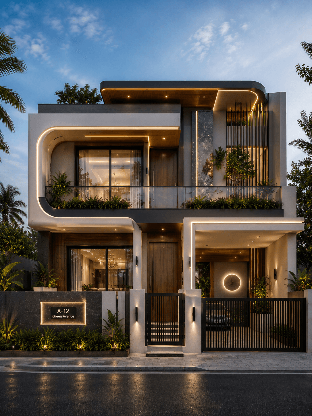 Luxury Curved White G+1 House Design with Floating Roof