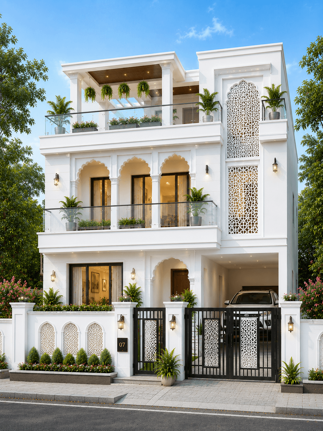 Luxury White Indo-Modern G+2 House Design