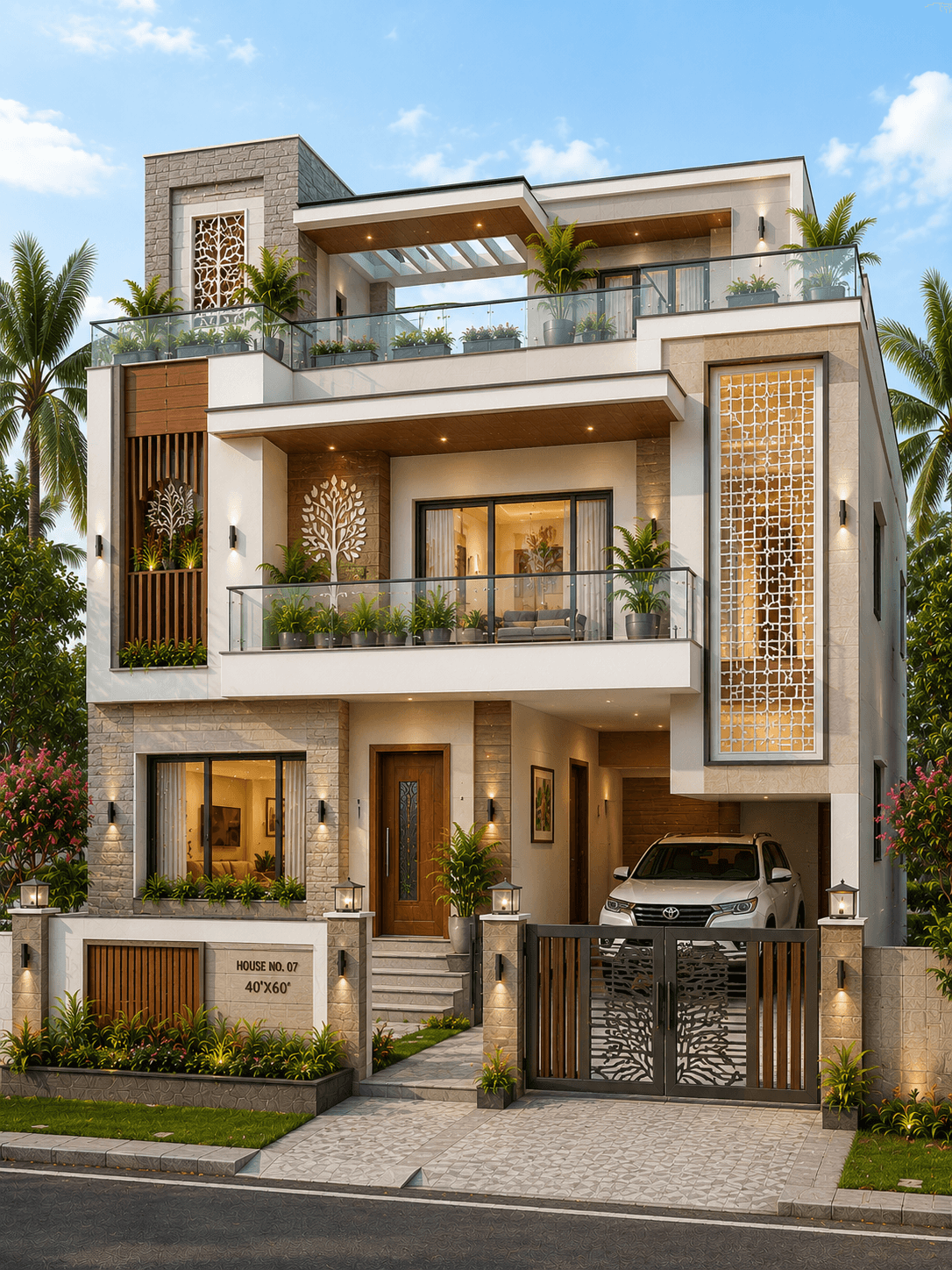 Luxury White Stone G+2 House Design with Rooftop Pergola