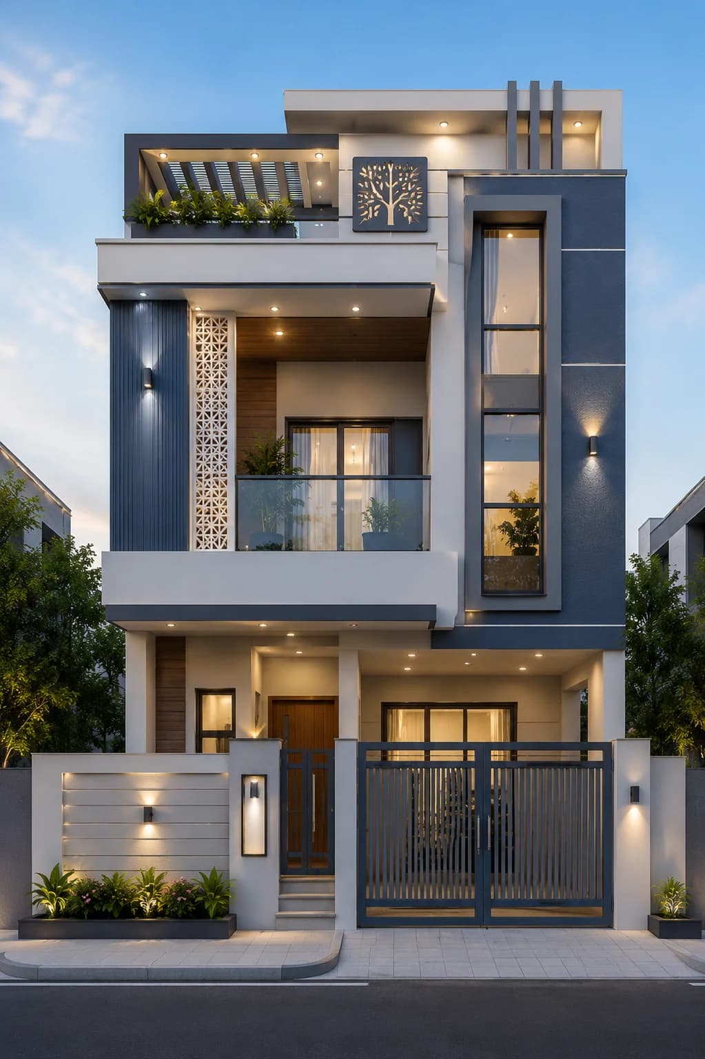 Modern Blue Grey G+2 House Design