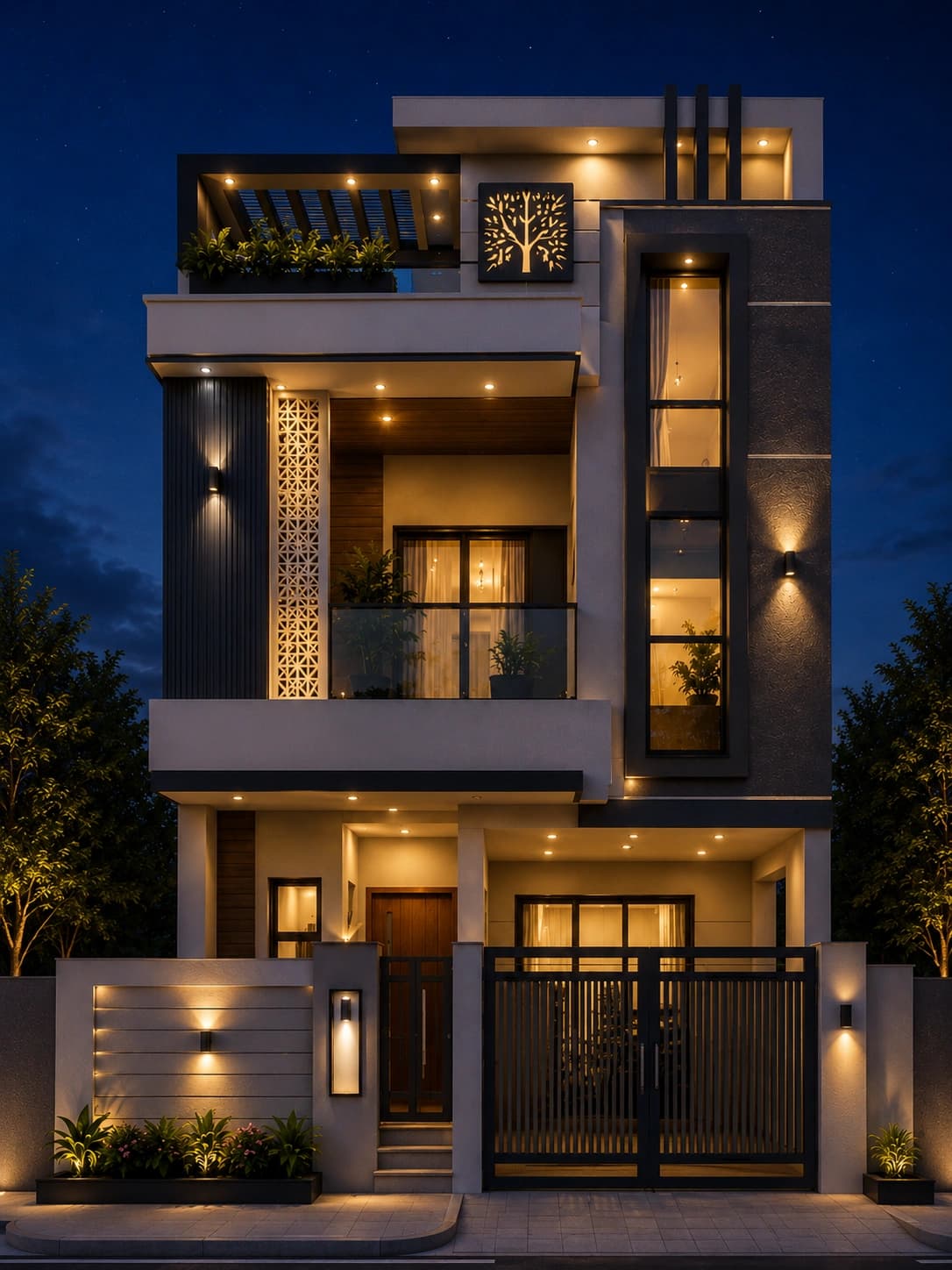 Modern Blue Grey G+2 House Design - Night View