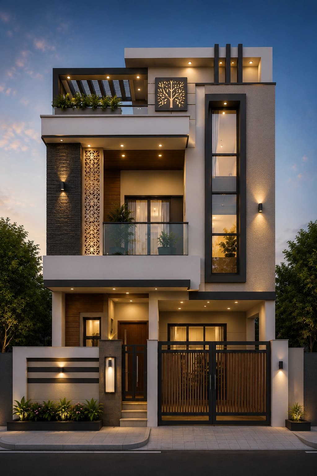Modern Blue Grey G+2 House Design - Alternate Facade