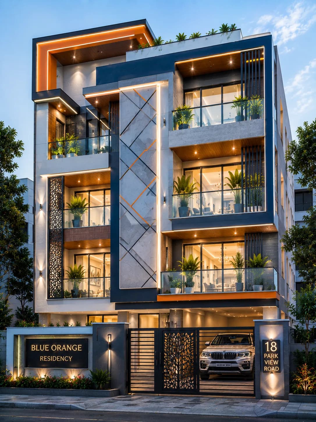 Modern Blue & Orange G+3 House Design