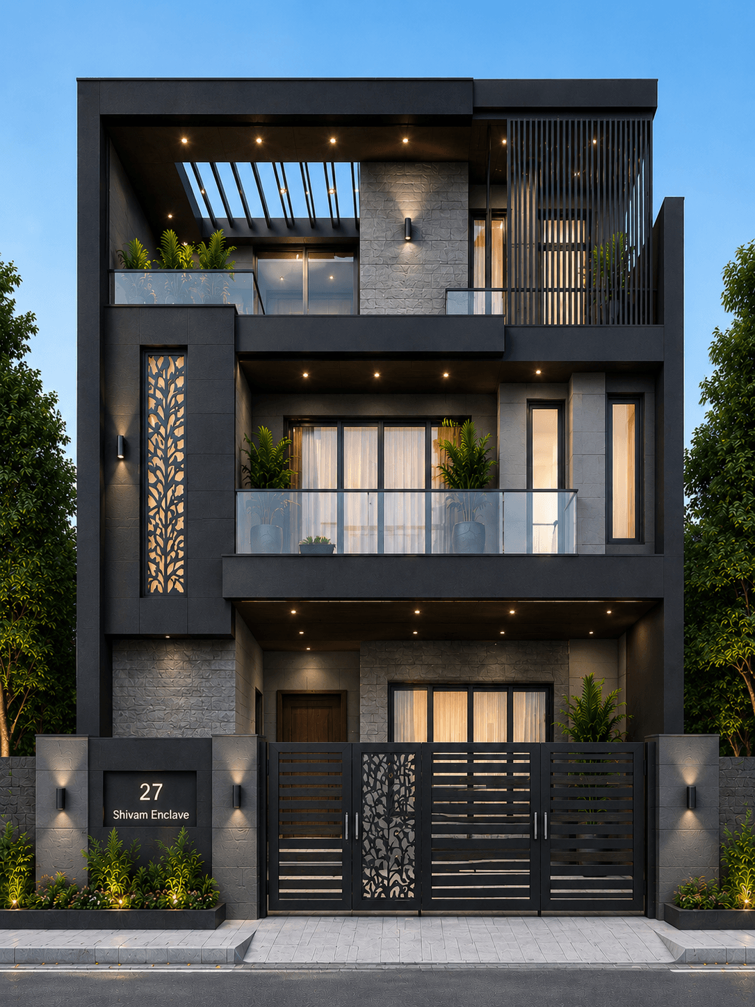 Modern Charcoal Grey G+2 House Design