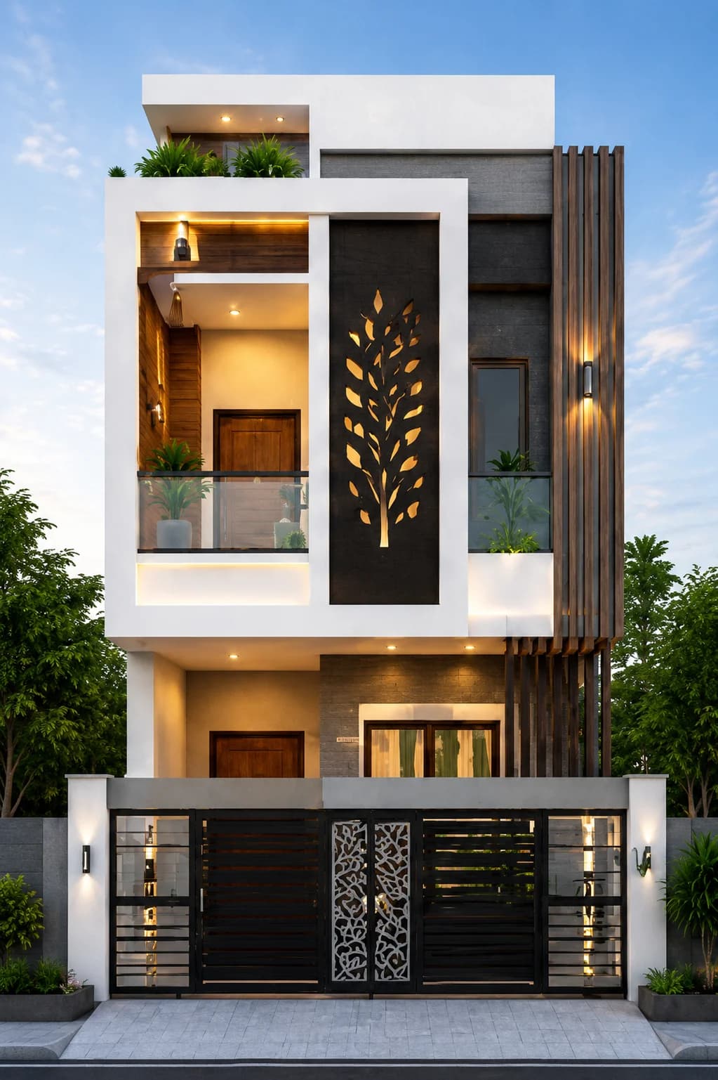 Modern Charcoal & White G+2 House Design
