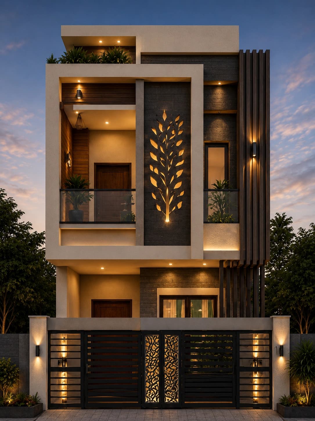 Modern Charcoal & White G+2 House Design - Night View