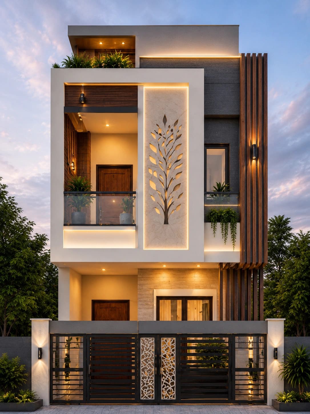 Modern Charcoal & White G+2 House Design - Alternate Facade
