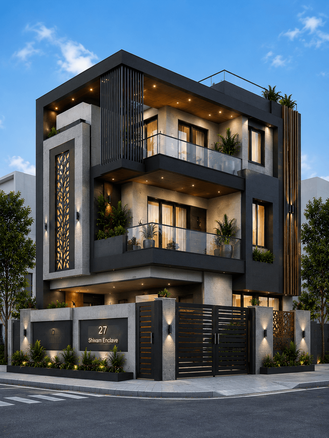 Modern Corner Grey G+2 House Design