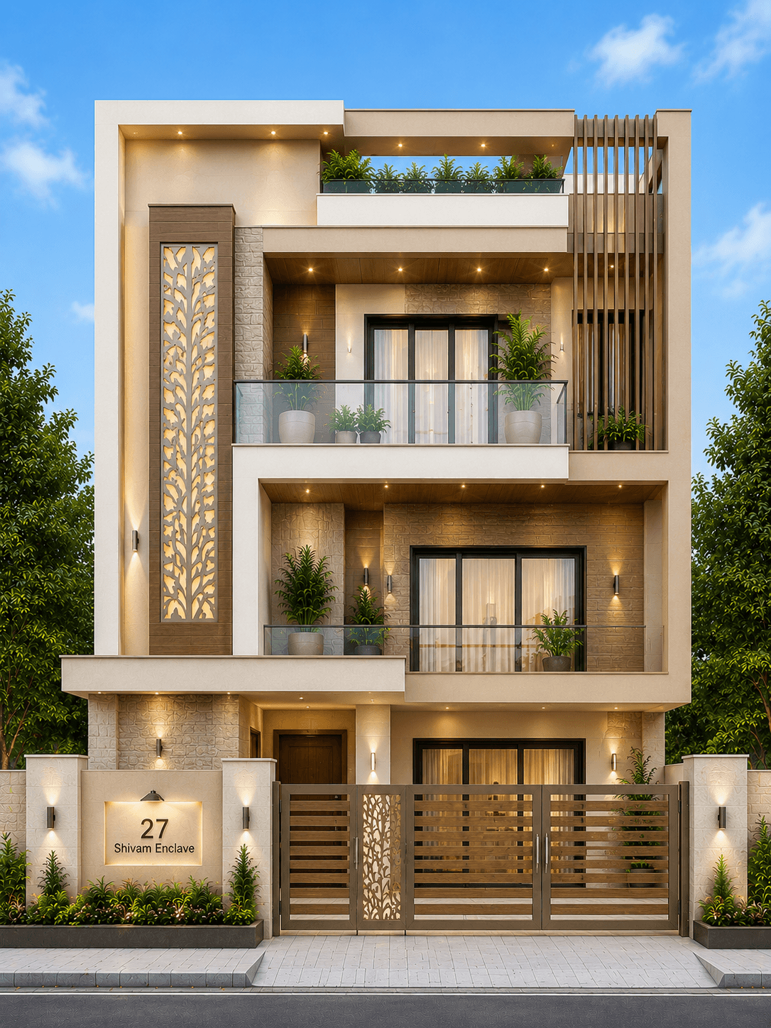 Modern Cream Stone G+2 House Design