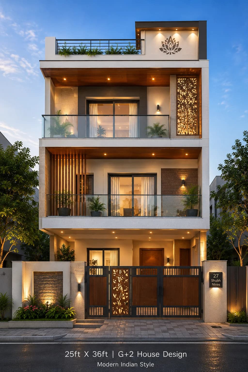 Modern Cream & Wood G+2 House Design