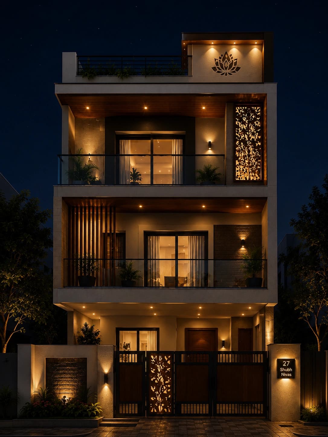 Modern Cream & Wood G+2 House Design - Night View