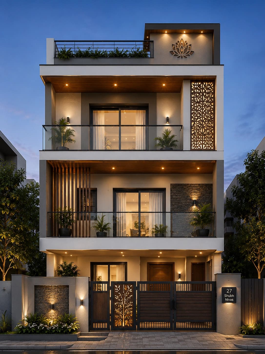 Modern Cream & Wood G+2 House Design - Alternate Facade