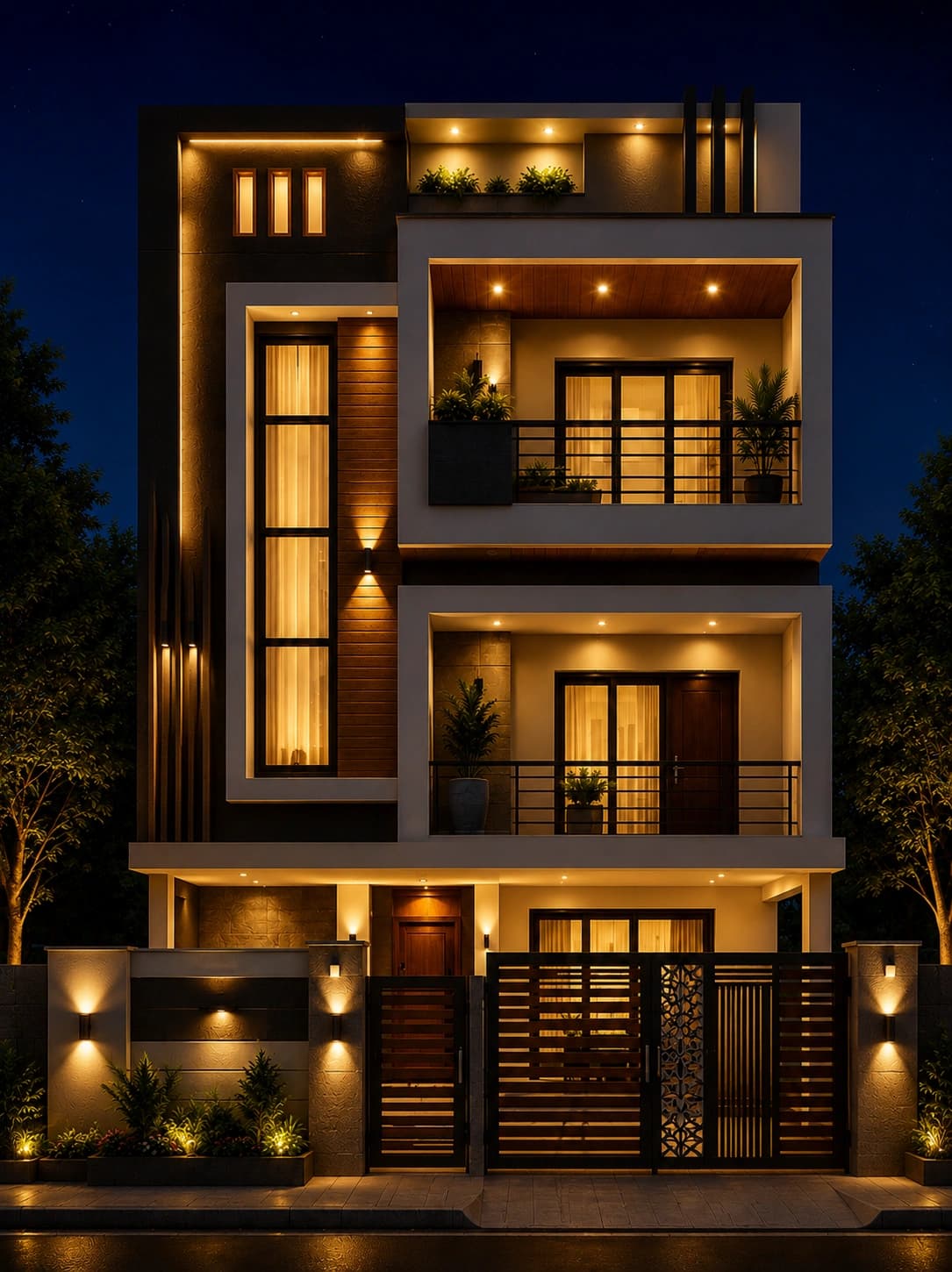 Modern Graphite & White G+2 House Design - Night View
