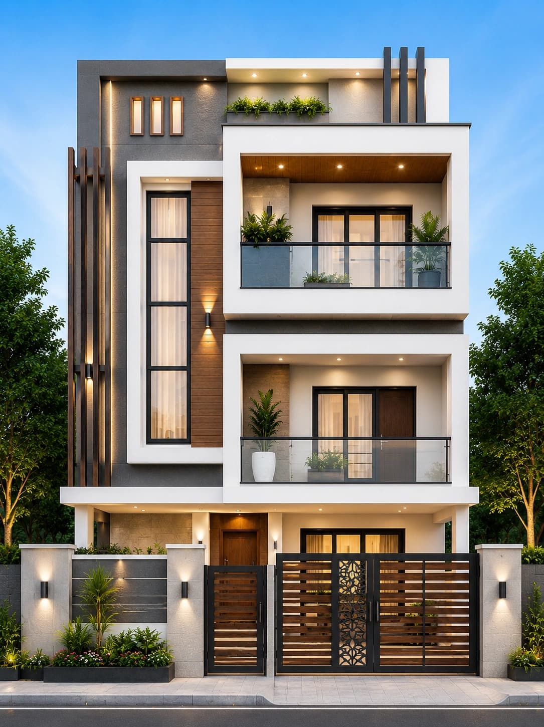 Modern Graphite & White G+2 House Design - Alternate Facade