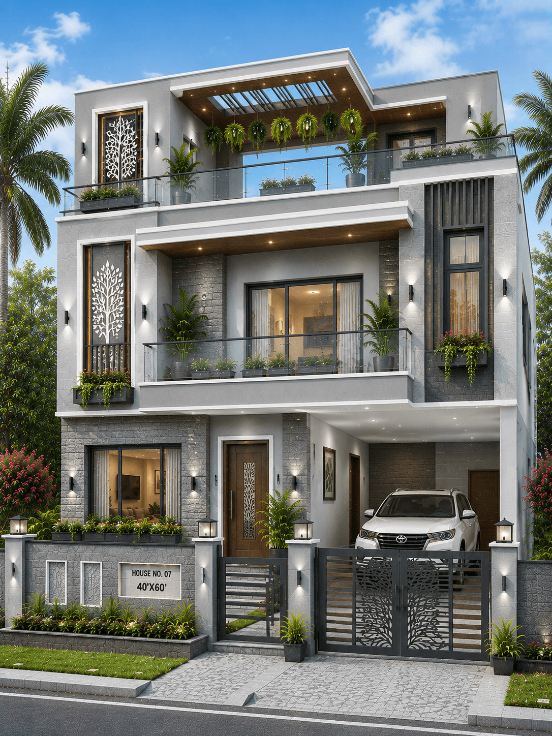 Modern Grey Luxury G+2 House Design with Open Terrace